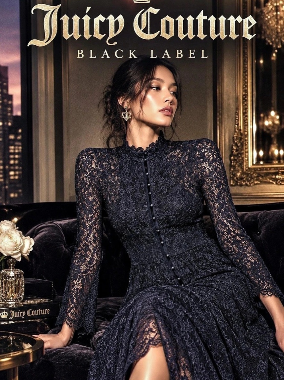 Juicy Couture Black Label Lace Midi Dress in Midnight Blue